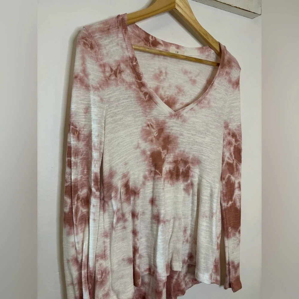 ANTHROPOLOGIE T.La PINK TIE DYE V-NECK JILL BABYDOLL PEPLUM TOP